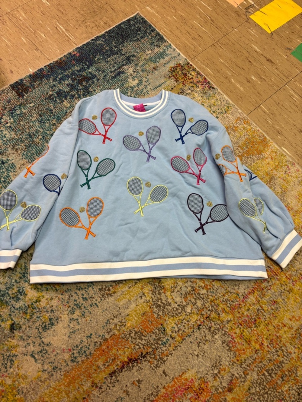 Light Blue Tennis Racket Embroidered Sweatshirt Oversized Preppy
